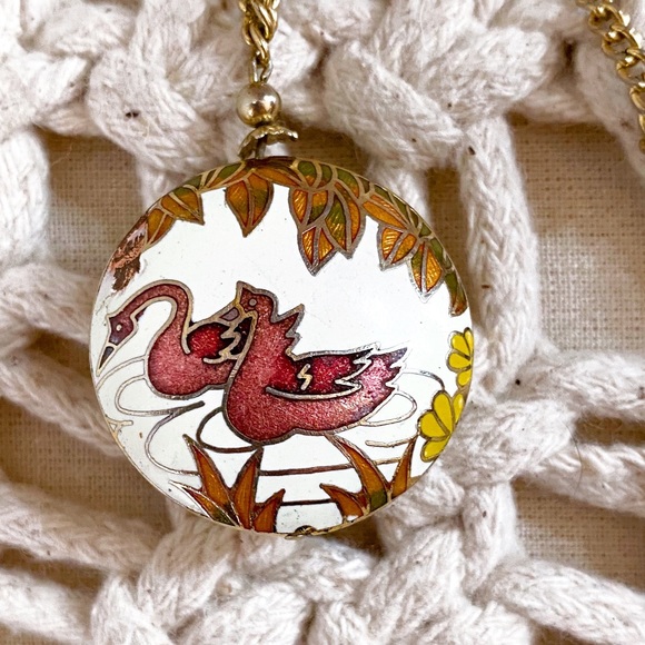 Vintage Jewelry - Cloisonné Swan pendant -1980s double-sided pendant with gold cha…
